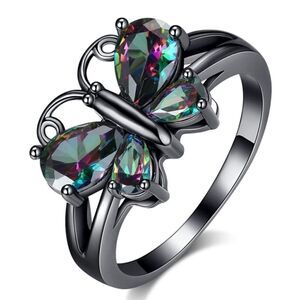 Black Gold and Rainbow Diamond Austrian Crystal Gothic Style Butterfly Ring